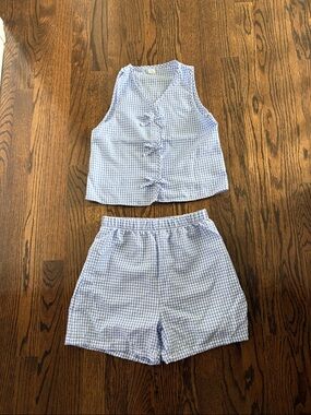 SHEIN Light Blue Gingham Kids Matching Set - Vest & Shorts